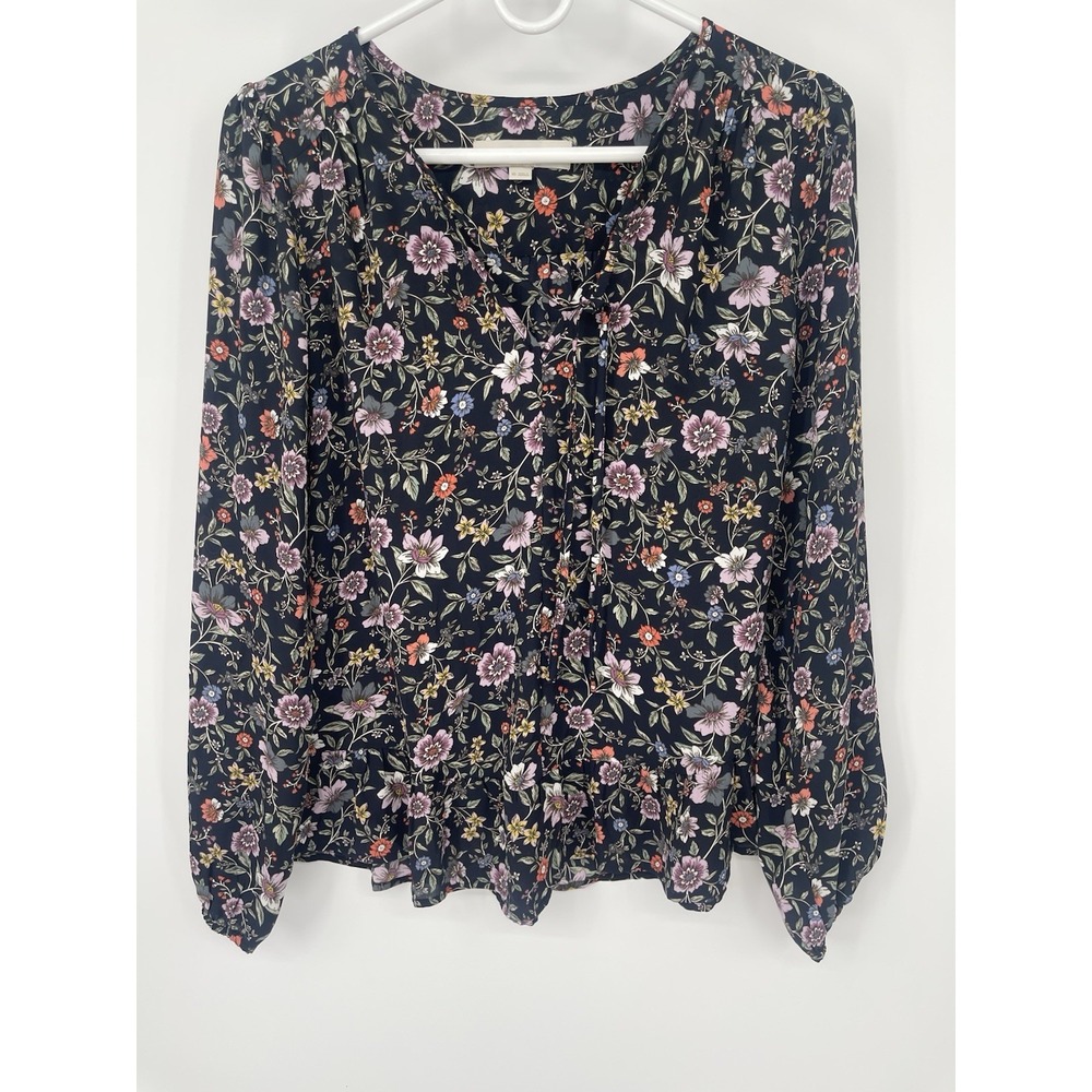 Loft Top Size XS‎ Black Floral Print Blouse Long Sleeve Tie Neck Cottagecore